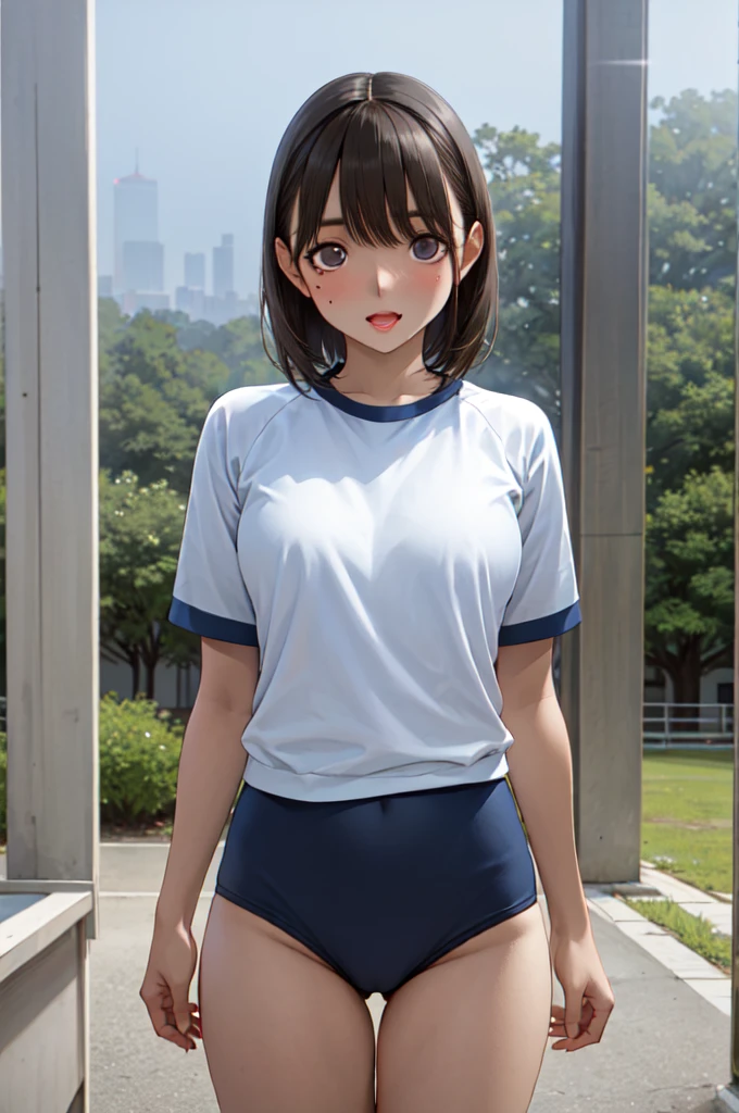 masterpiece, best quality, highres, aanene, short hair, buruma,gym uniform, standing, cowboy shot, outdoors, ahegao,nsfw,