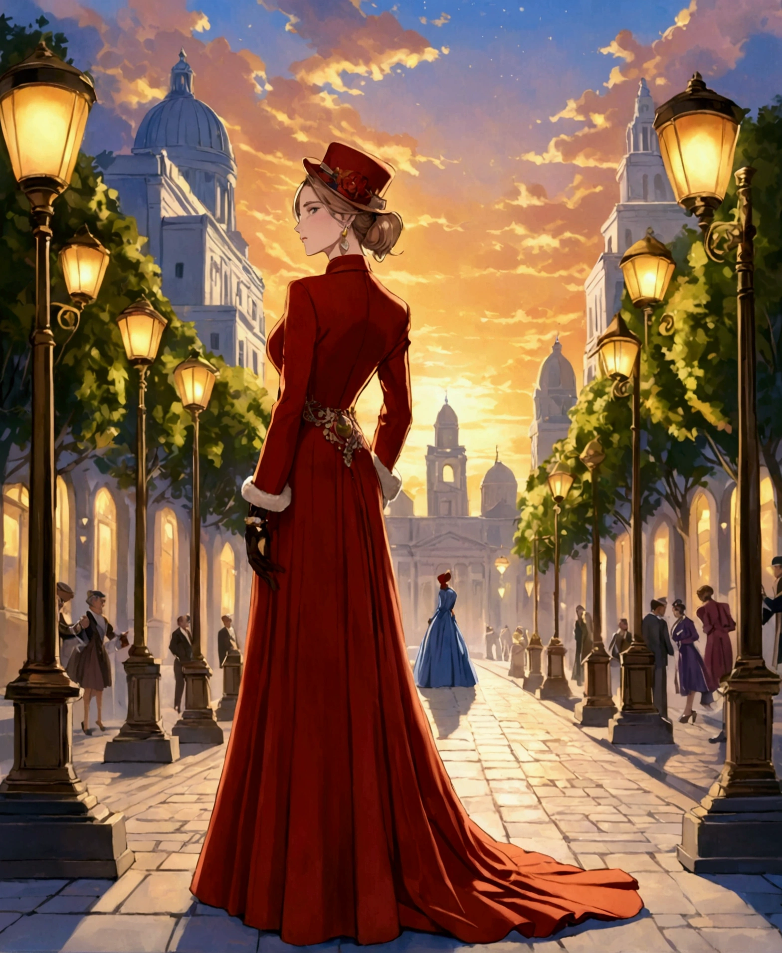 In a large square, in a world inspired by the second world war, in a ucrony, sunset, street lamps, victory event, lavish decorations, large buildings around, trees on ornate sidewalks, festive atmosphere, mist surrounding the landscape, proud, imposing, looking at the horizon, on his back, /(focus on his back), a beautiful 24 year old woman, /(White skin, extremely long light brown hair in ponytail, locks over left eye, brown eyes,), /(Hourglass shaped body, medium hips, medium waist, shapely legs, big chest, small hands, slender fingers, Greek nose, almond eyes,), (Refined sixties European style ball gown: long sleeve fitted blouse, long skirt with pleats, fur coat, medium stiletto shoes, brooches in hair, gloves, necklace with diamonds, bracelets on wrists, refined hat, earrings,),