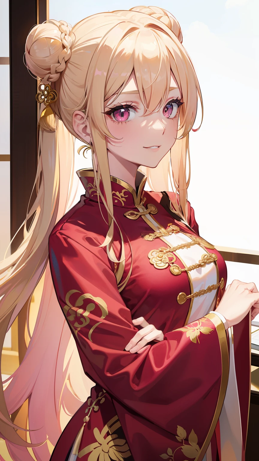 (((Adult woman))), pink eyes, (long blonde hair), chinese clothes, smirk, bun hair