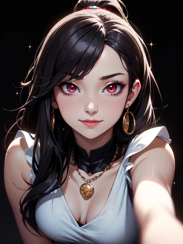 (((Portrait Photo))), She has a Fresh, Youthful 15-Year-Old Appearance, with a Slim, Athletic Build, and a Regal Demeanor. She has Long, Loose Black Hair, Styled in a Slightly Wavy High Ponytail, with Strands Falling Around Her Face. Her Striking Red Eyes Sparkle with Great Energy, Giving Off a Cheerful Expression and Youthful Charm. She is Wearing a Lightweight Culottes in a Pastel Shade, Paired with a Fitted Sleeveless Top, and a Long Chain Necklace for a Chic Look. (((High Quality, Dark Background))), (((Portrait Photo)))