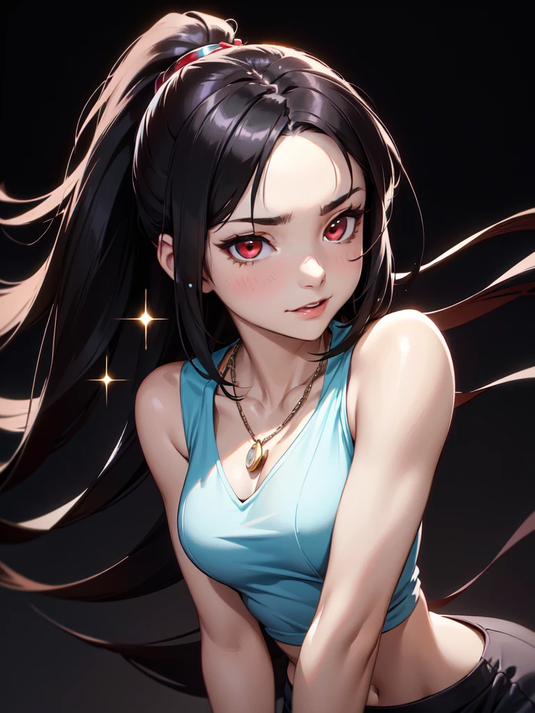 (((Portrait Photo))), She has a Fresh, Youthful -Yeld Aprance, with a Slim, Athletic Build, and a Regal Demeanor. She has Long, Loose Black Hair, Styled in a Slightly Wavy High Ponytail, with Strands Falling Around Her Face. Her Striking Red Eyes Sparkle with Great Energy, Giving Off a Cheerful Expression and Youthful Charm. She is Wearing a Lightweight Culottes in a Pastel Shade, Paired with a Fitted Sleeveless Top, and a Long Chain Necklace for a Chic Look. (((High Quality, Dark Background))), (((Portrait Photo)))