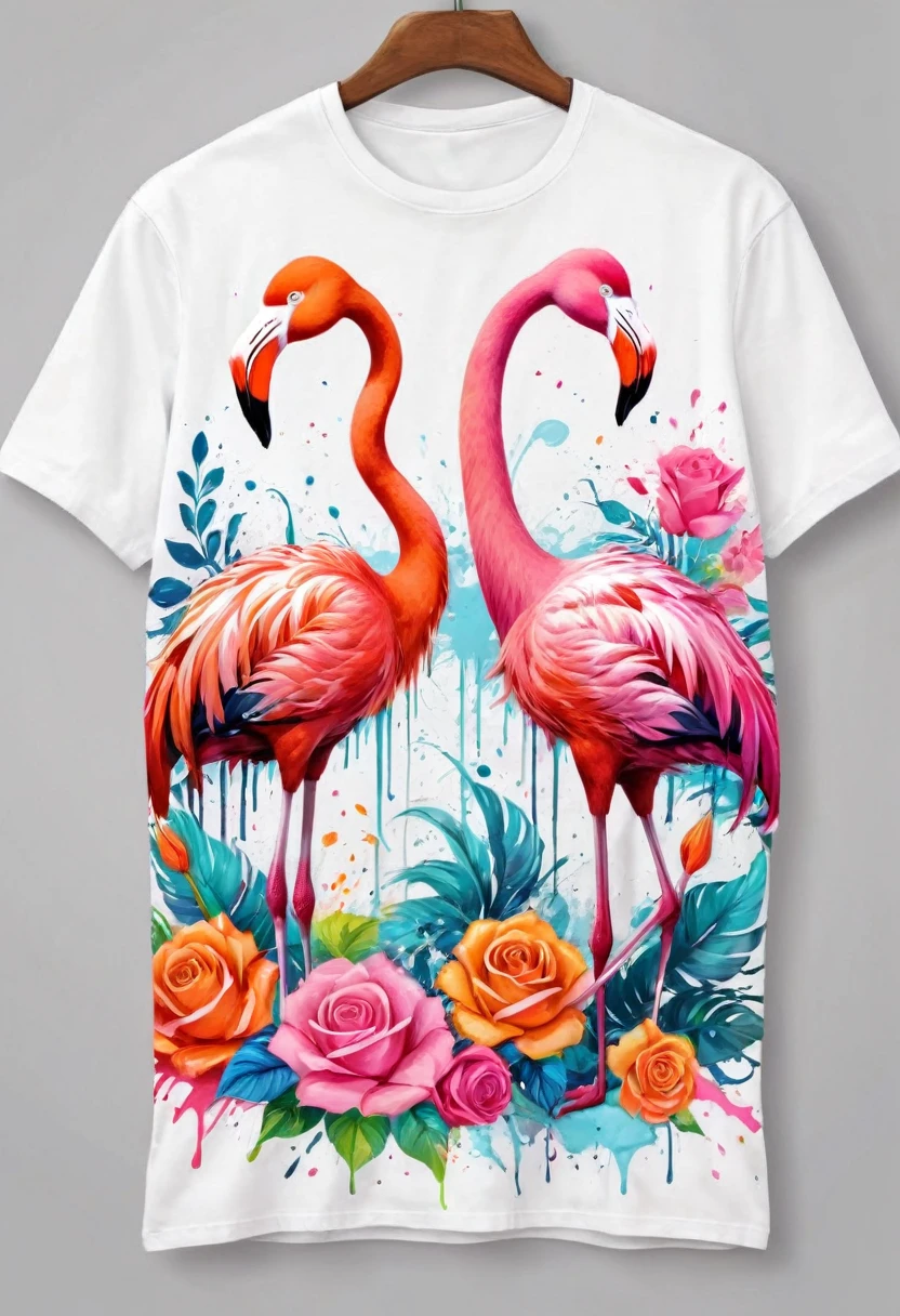 A t-shirt with vector art of a colorful illustration, two flamingos roses flowers, At the center, swirly vibrant colors, paint splashes and smears, high détail, White background , t-shirt designs
(work of art, best qualityer, proffesional, perfect composition, very aesthetic, absurdrez, super verbose, details Intricate:1.3)