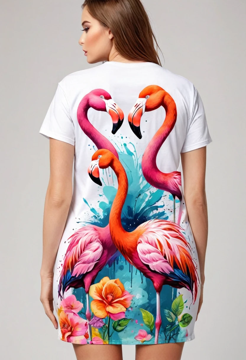 A t-shirt with vector art of a colorful illustration, two flamingos roses flowers, At the center, swirly vibrant colors, paint splashes and smears, high détail, White background , t-shirt designs
(work of art, best qualityer, proffesional, perfect composition, very aesthetic, absurdrez, super verbose, details Intricate:1.3)