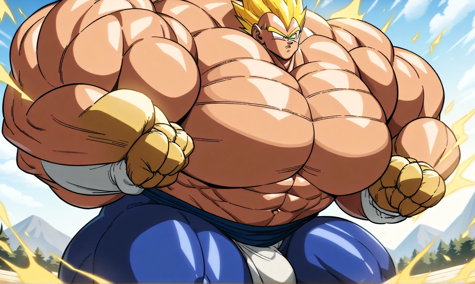 1boy, Vegeta, from Dragon Ball Z, masterpiece, best quality, very aesthetic, absurdres, saiyan, green eyes, spiked hair, (yellow hair:1.5), shirtless, blue skintight pants, white gloves, (huge muscles:2.5), Dragon Ball Z artstyle, in the style of Akira Toriyama, white tiled floor, outdoors, flat-top mountains, nipples, yellow aura, electricity, white gloves, (closed fists:2)