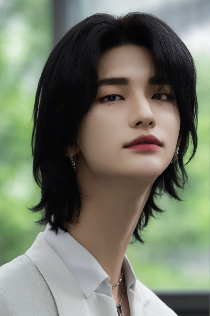 hyunstayv2, front facing, twink, parted lips, (dark long black hair:1.2), dark (ultra realistic:1.2), (close-up photo:1.1),(intricate:1.2), (looking at viewer:1.2),
