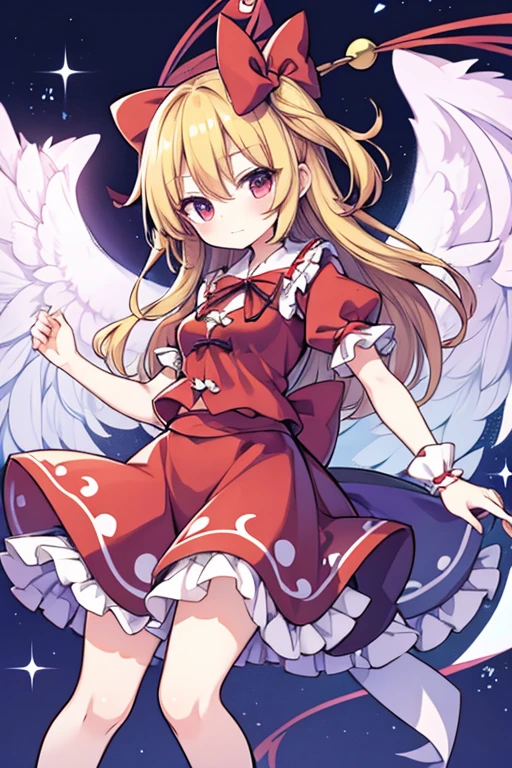 blonde_hair, wings, red_eyes, crystal, bangs, hat, one_side_up, ribbon, mob_cap, bow, blush, smile, vest, white_headwear, red_vest, ascot, hair_between_eyes, red_bow, red_ribbon, upper_body, hat_ribbon, yellow_ascot, short_hair　Standing Footjob POV 　male legs　penis　Sadistic smile　Sperm on feet
