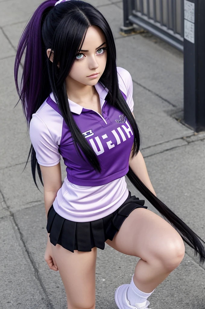BNHA anime style character, female character, lilac purple eyes, pale white tea,cold and intimidating features, Wear casual clothes, straight black hair. Long hair and wears the u cheerleader outfit.a from class 1-A. Made beautiful 2D