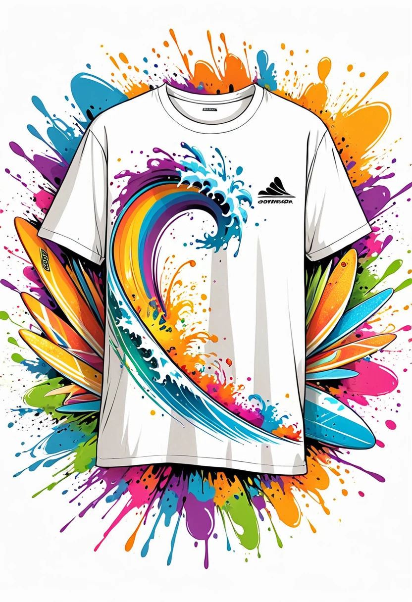 T-shirt with vector art of a colorful illustration of surfboards, At the center, swirly vibrant colors, paint splashes and smears, High detail t-shirt design, White background