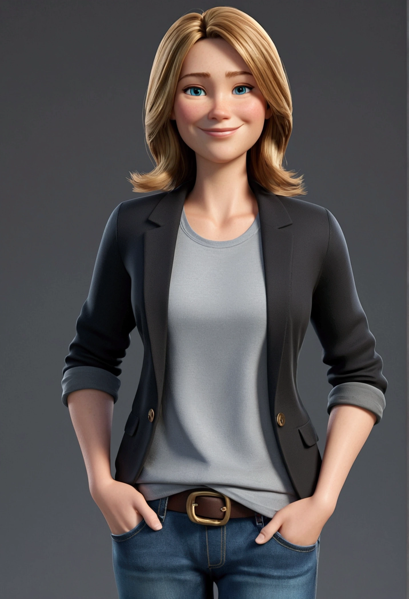 A 37 year old woman, with shoulder-length brown hair and blonde highlights, round face with charming smile, and blue eyes, wearing an elegant gray t-shirt, black blazer, and a pair of fashionable jeans. full - length portrait, looking at the camera, 3d, Pixar-style, animated cartoon, realistic creation