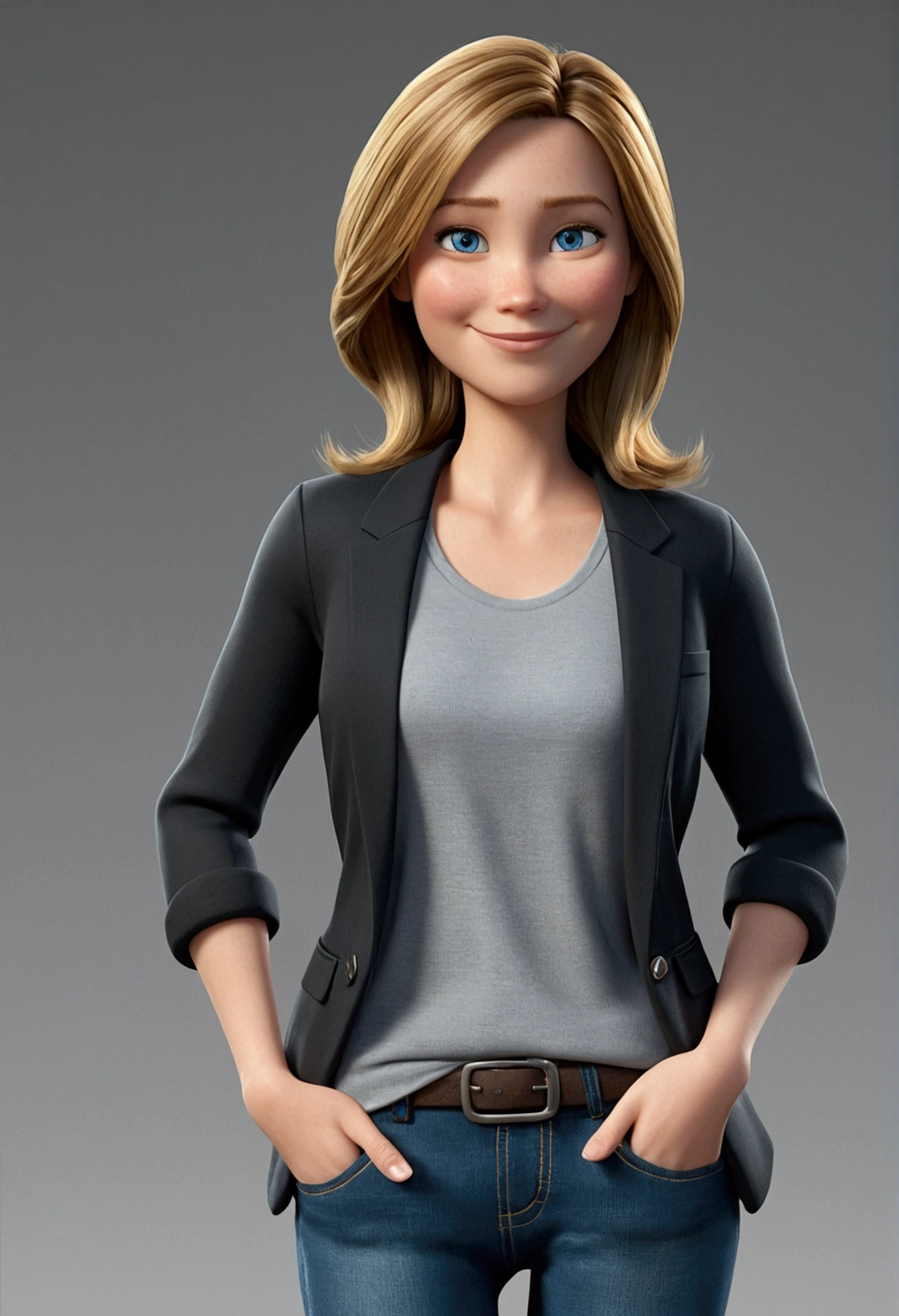 A 37 year old woman, with shoulder-length brown hair and blonde highlights, round face with charming smile, and blue eyes, wearing an elegant gray t-shirt, black blazer, and a pair of fashionable jeans. full - length portrait, looking at the camera, 3d, Pixar-style, animated cartoon, realistic creation