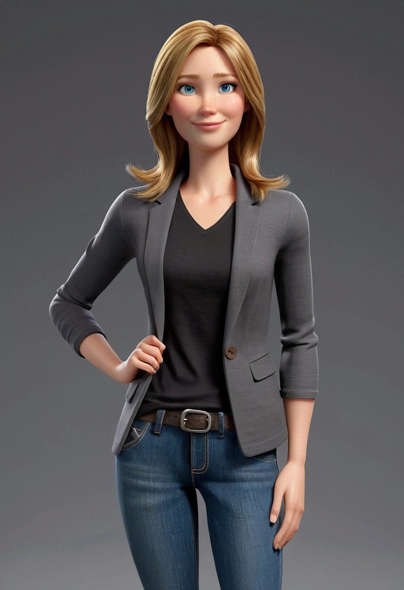 A 37 year old woman, with shoulder-length brown hair and blonde highlights, round face with charming smile, and blue eyes, wearing an elegant gray t-shirt, black blazer, and a pair of fashionable jeans. full - length portrait, looking at the camera, 3d, Pixar-style, animated cartoon, realistic creation
