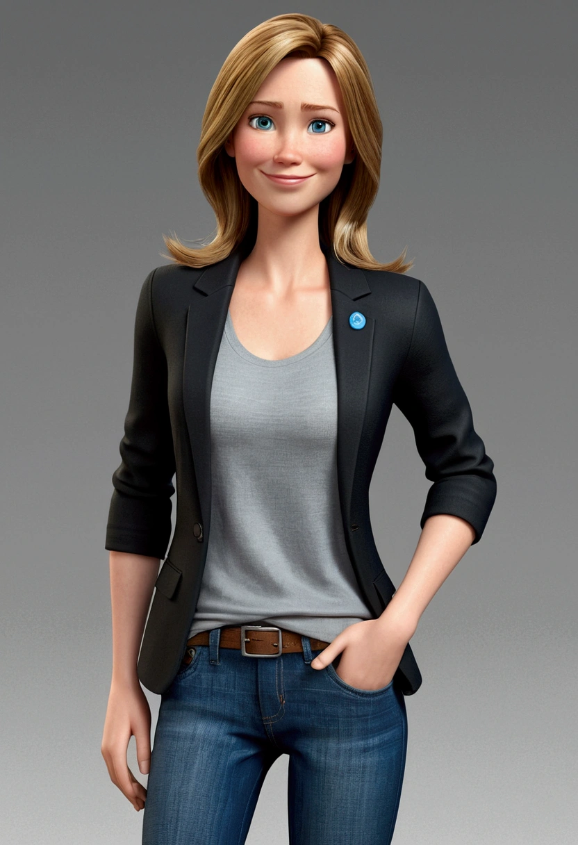 A 37 year old woman, with shoulder-length brown hair and blonde highlights, round face with charming smile, and blue eyes, wearing an elegant gray t-shirt, black blazer, and a pair of fashionable jeans. full - length portrait, looking at the camera, 3d, Pixar-style, animated cartoon, realistic creation