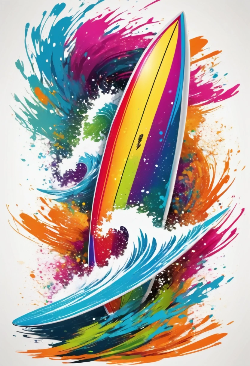 vectorial art, Colorful illustration with a surfboard, At the center, swirly vibrant colors, paint splashes and smears, high détail,White background