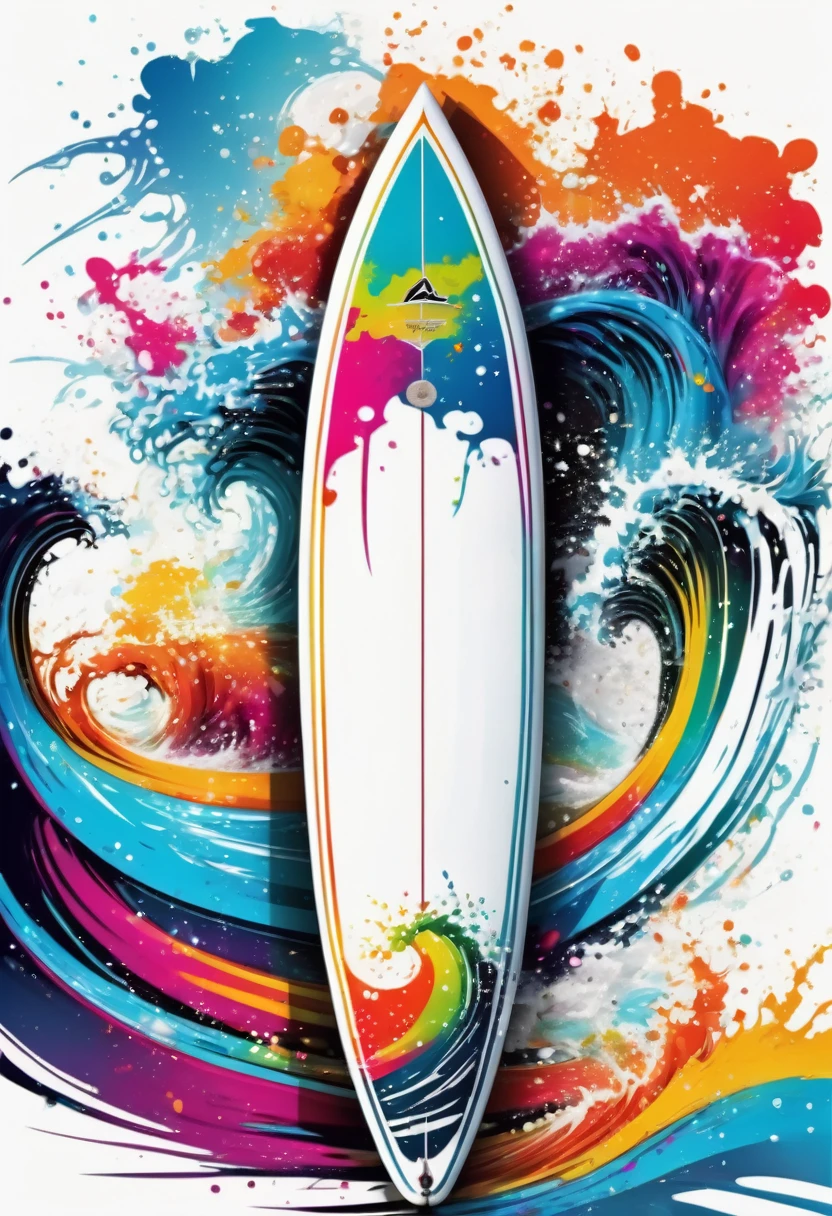 vectorial art, Colorful illustration with a surfboard, At the center, swirly vibrant colors, paint splashes and smears, high détail,White background