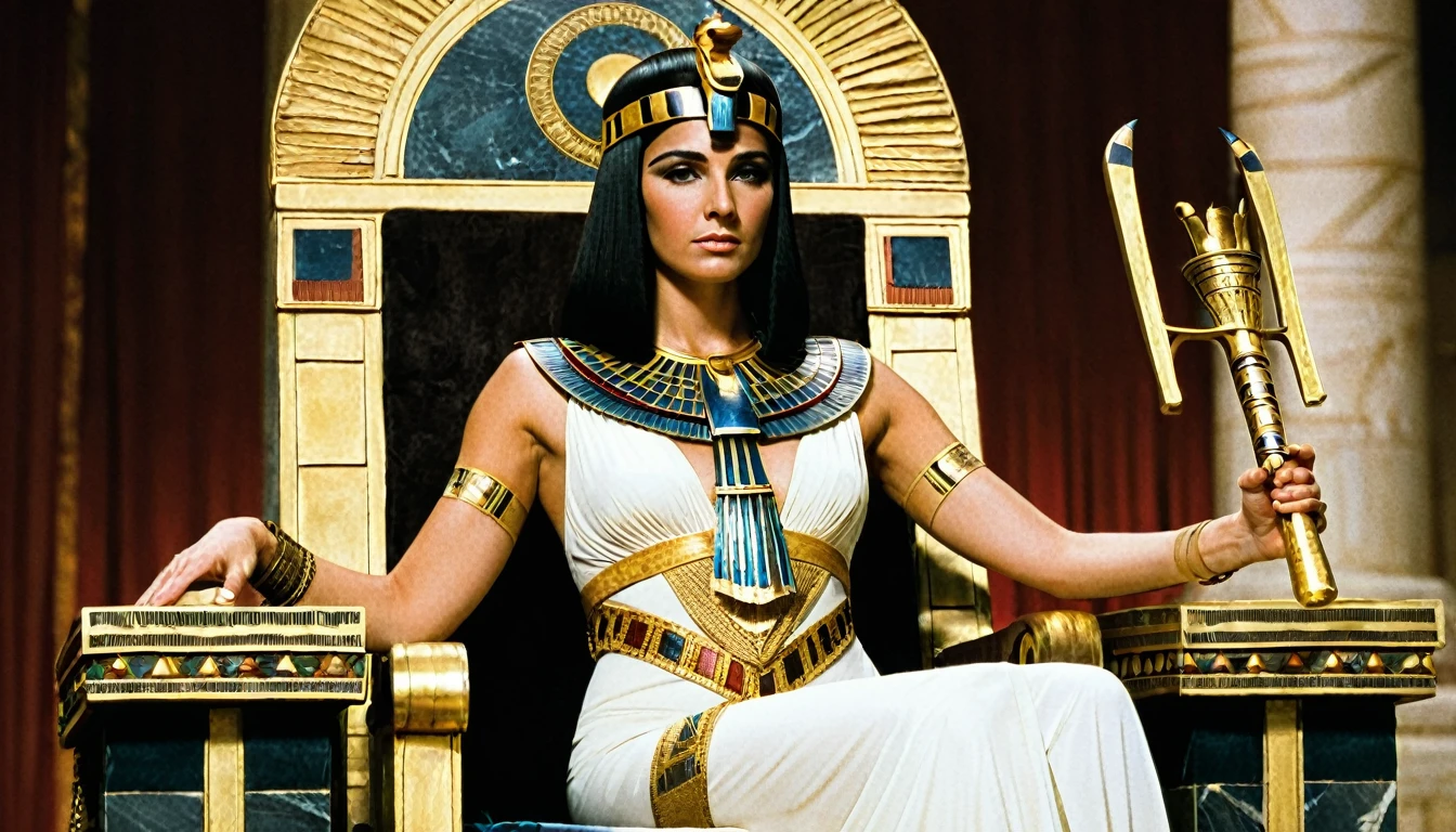 Description: Cleopatra sitting on her throne, with an ambitious and determined look, holding a scepter.