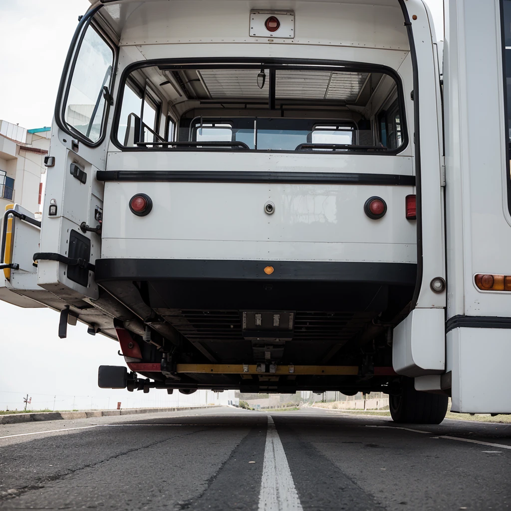Stretched bus from Ambato,simple illustration, It has a solid color, Front perspective, bold black lines, on a white background.