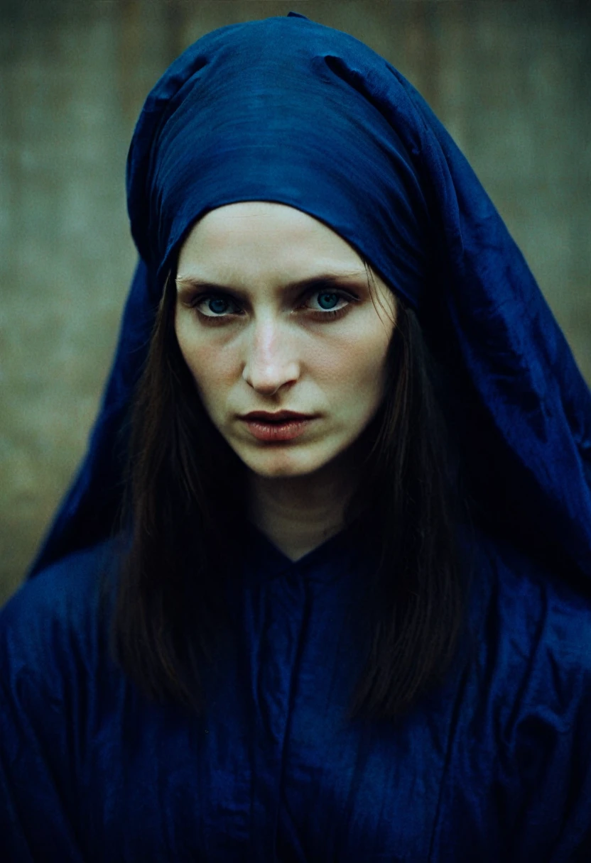 intimate portrait photograph captures A beautiful evil slavic woman, pale skin, long hair, , in his 25s, with a deep blue turban and robes, covering most of his face, revealing only his weathered eyes. by anton corbijn, inspired by the works of jean-leon gerome and Titian, Low key lighting, Cinestill 800T
