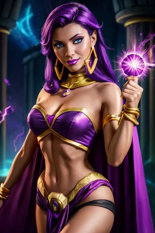 A beautiful mature sorceress (1 girl). League of Legends character, League of Legends style, RPG video game, RPG video game character, designed by Steve Zheng. 28 years old, dark-skinned female, with long purple flowing hair, purple eyes, purple iris, mascaras purple eyeshadow, smile, purple lipstick, medium breasts. Wearing golden ringed earrings, purple cape, purple strapless top, purple loincloth, golden armlets and golden boots. ((bright purple magical sparks in both hands)). Glamorous, confident expression, her appearance reflects on her mysterious and alluring appeal. Dramatic lighting, high contrast, highly saturated colors, 8k wallpaper, League of Legends based environment, League of Legends based setting, night time, castle ruins and magenta aroura's surrounding her
