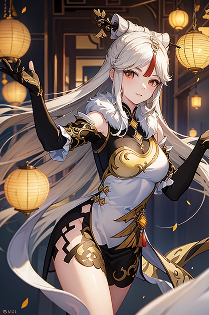 ((Best Quality)), ((Masterpiece)), a perfect face, Ning Guang, Genshin Impact, a beautiful background, mature lady, busty figure