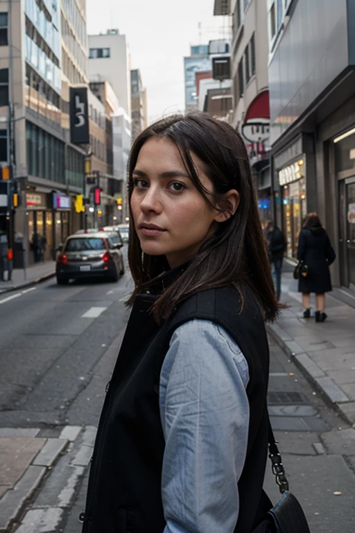 girl 35 years old against the backdrop of a city street