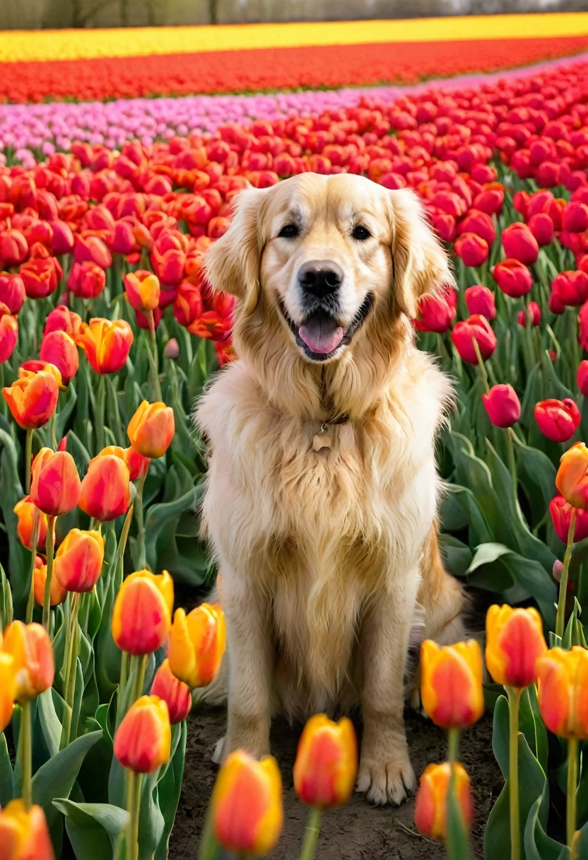 golden retriever sitting in a field of tulips