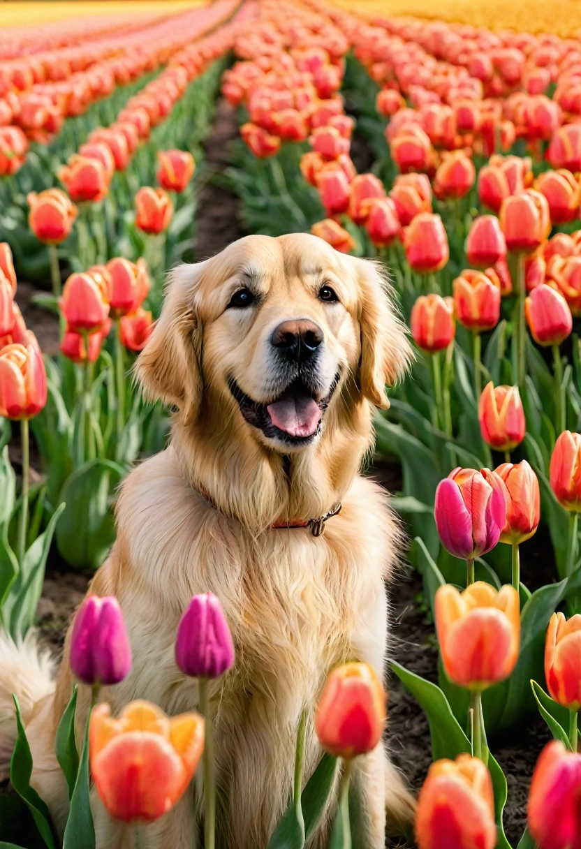 golden retriever sitting in a field of tulips