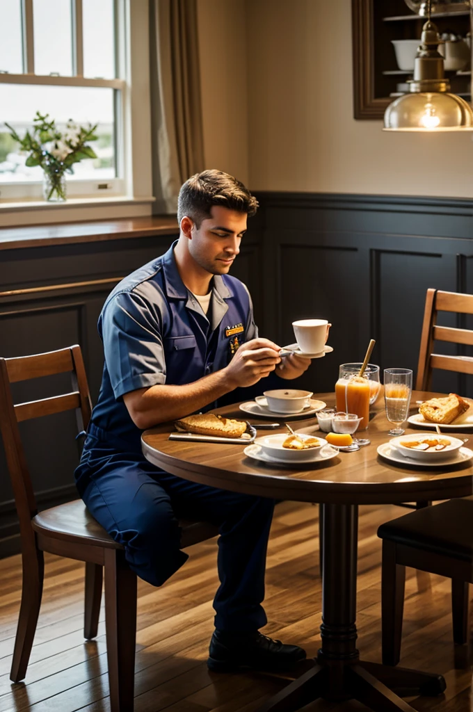 Naval mechanic having breakfast in the dining room
