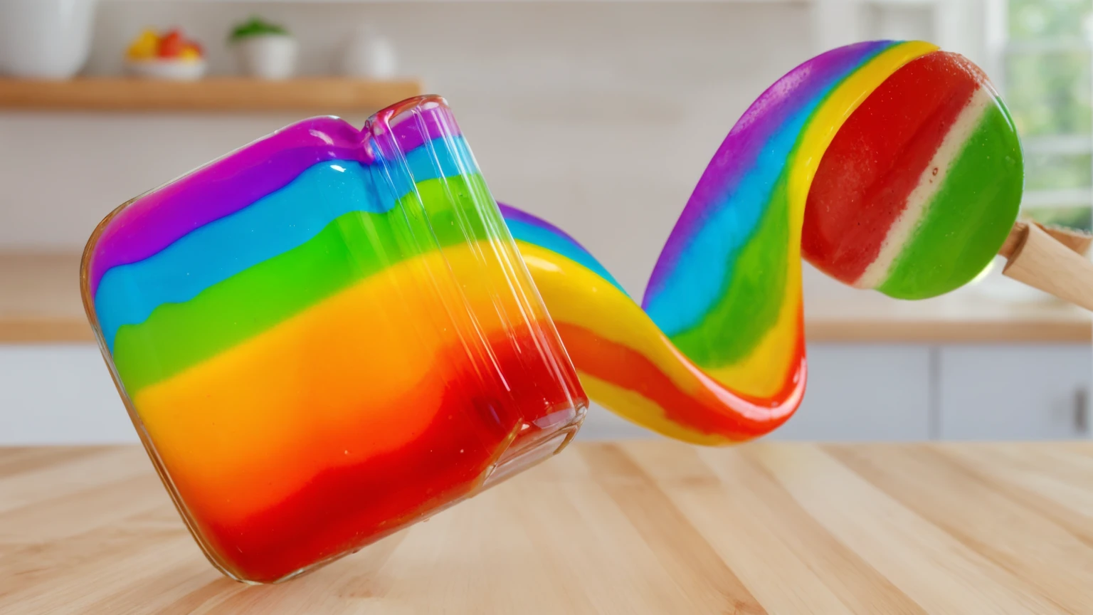 on a wooden table, glass jar with rainbow peanut butter, ice cream dipped in rainbow peanut butter, rainbow peanut butter stretch. against the background of the kitchen .beautiful lighting, Beautiful sunlight, bright lighting, Realistic style , realistic texture, detailed texture, a high resolution, high quality, ultra hd 4k, 