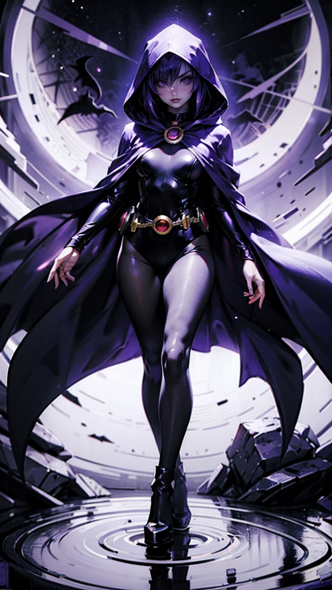 illustration of Raven from DC Comics, 1 girl, Raven, high collar, black leotard, black cape, hooded cloak, cabelo roxo, testa jeauel, purples eyes, shorth hair, belt, stretched skin, standing, neckleace, toned, pose, natta , moonlights, ((posando)), motion lines, trunk, trunk, portraite, b&au. contour, in anime tarot card art style, chic, glamourous, reflection, Glow Up, shadowing, pantyhose 40 dinier, mic, dynamic poses