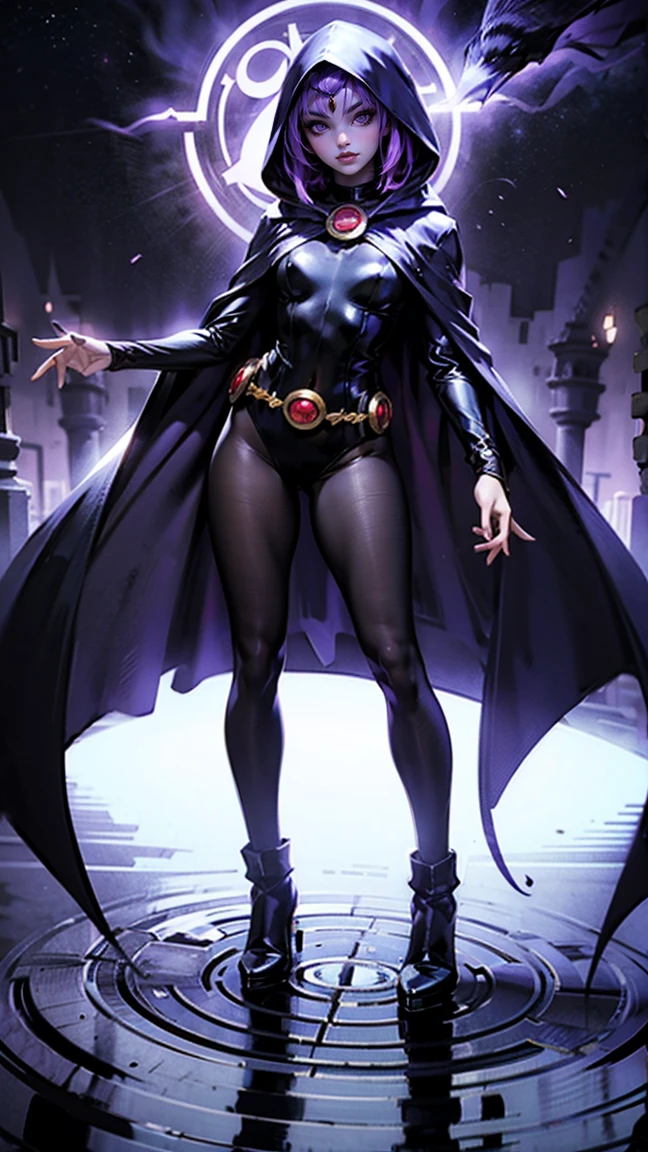 illustration of Raven from DC Comics, 1 girl, Raven, high collar, black leotard, black cape, hooded cloak, cabelo roxo, testa jeauel, purples eyes, shorth hair, belt, stretched skin, standing, neckleace, toned, pose, natta , moonlights, ((posando)), motion lines, trunk, trunk, portraite, b&au. contour, in anime tarot card art style, chic, glamourous, reflection, Glow Up, shadowing, pantyhose 40 dinier, mic, dynamic poses