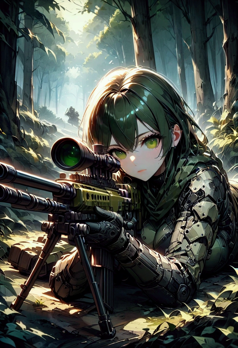 1girl, Sniper, A highly detailed, portrait of a skilled sniper in a camouflage uniform, lying prone with a high-powered sniper rifle, focused intently through the scope, surrounded by lush foliage in a forest environment, dramatic lighting, cinematic composition, hyper-detailed textures, muted color palette, gritty, masterpiece, best quality, very aesthetic, absurdres