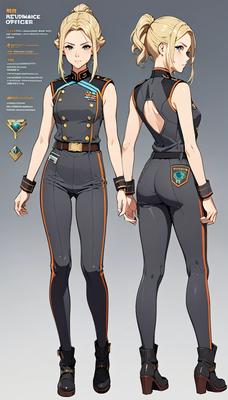 Multi-view, front view, side view, rear view, concept art, sci-fi character design, 1girl, brown hair, ass, short hair, science fiction, full body, gloves, jacket, standing, bodysuit, multiple views, skates, sneakers, shoes, grey background, gradient,