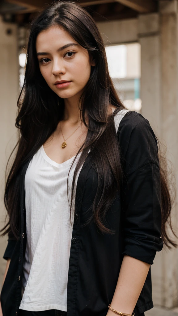 1girl, Long Hair, Black Hair, Jewelry, Closed Mouth,