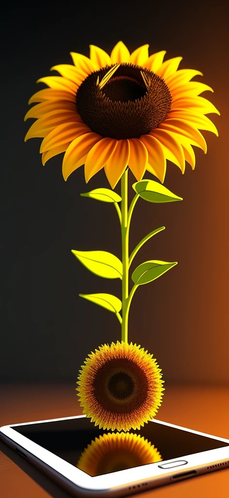 Create a 3D sunflower image that appears to be floating on the mobile screen, 3d (cyborg:1.1), hdr, details, hyperdetailed:1.2), Vignette, centered