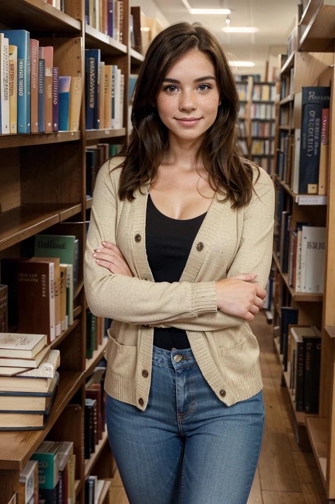 A full-body image of a brunette woman with freckles, appearing studious and approachable. She is dressed in a cardigan over a blouse and jeans, with ballet flats. She stands in a library aisle, holding a stack of books and looking at the camera with a gentle smile. The background shows shelves filled with books.