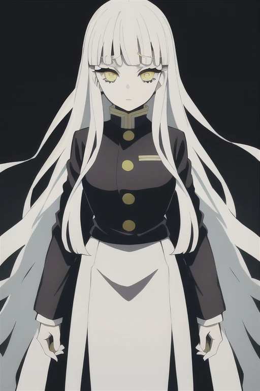 Kimetsu no yaiba style, girl with white long hair and bangs, entire figure, no background, uniform, yellow eyes, power of light.