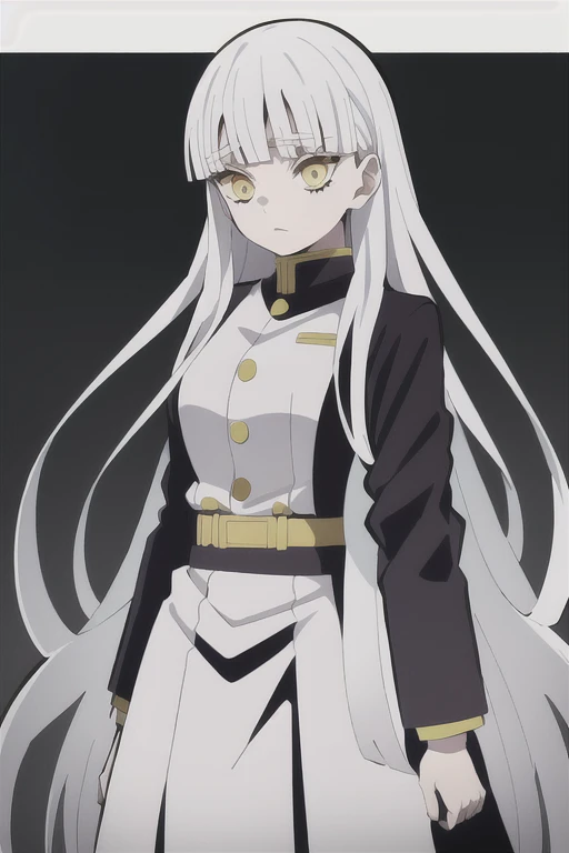 Kimetsu no yaiba style, girl with white long hair and bangs, entire figure, no background, uniform, yellow eyes, power of light.