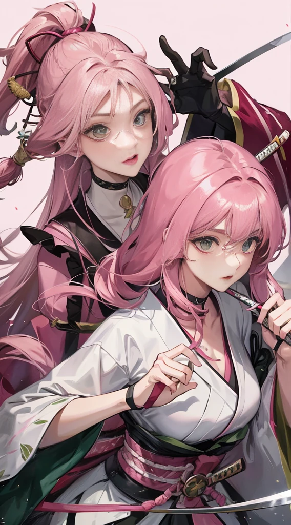 1 Woman, Mature Woman, Japanese Style, , Sister,pink  Long-Haired Woman, Light Pink Lips, Calm, Intellectual, Three Bands, Green Eyes, Assassin, Katana