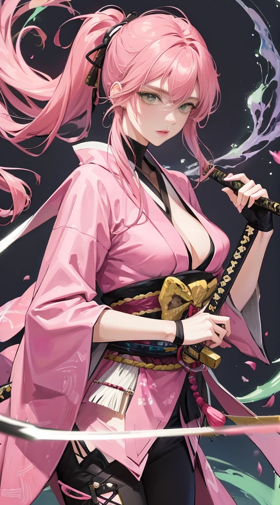 1 Woman, Mature Woman, Japanese Style, , Sister,pink Long-Haired Woman, Light Pink Lips, Calm, Intellectual, Three Bands, Green Eyes, Assassin, Katana