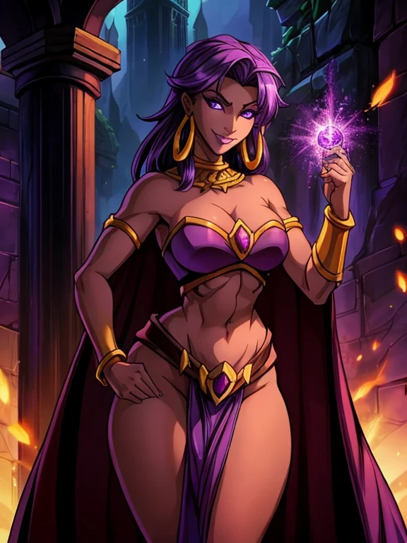 A beautiful mature sorceress (1 girl). League of Legends character, League of Legends style, RPG video game, RPG video game character, designed by Steve Zheng. 28 years old, dark-skinned female, with long purple flowing hair, purple eyes, purple iris, mascaras purple eyeshadow, smile, purple lipstick, medium breasts. Wearing golden ringed earrings, purple cape, purple strapless top, purple loincloth, golden armlets and golden boots. ((bright purple magical sparks in both hands)). Glamorous, confident expression, her appearance reflects on her mysterious and alluring appeal. Dramatic lighting, high contrast, highly saturated colors, 8k wallpaper, League of Legends based environment, League of Legends based setting, night time, castle ruins and magenta aroura's surrounding her
