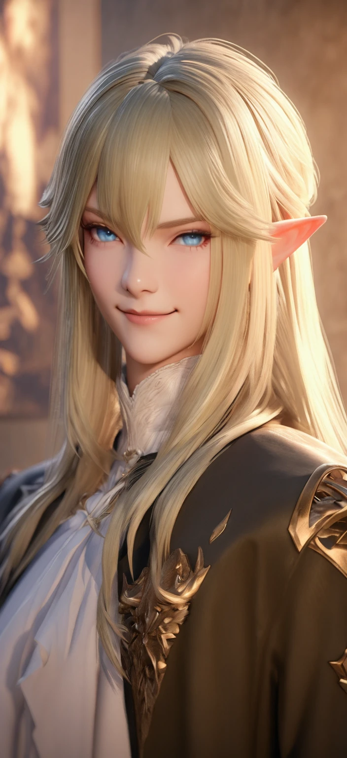 Blonde with blue eyes、Woman wearing a black jacket, a portrait of Male Elf, Beautiful male elf, elven character with smirk, Character close-up, Character Art Close-Up, Male Elf, Close-up Character, Character portrait close-up, 8K Portrait Rendering, 3d rendering character art 8k, Character close-up, A delicate androgynous prince
