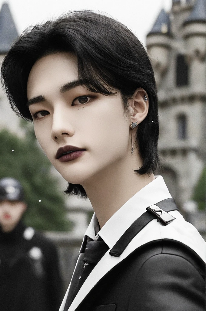Hyunstayv2, Frontal, sparkling, Chapped lips, (by rubio:1.2), abdomen, (ultra realistic:1.2), (close to the photo:1.1), (gothic european castle background:1.2), (intricate:1.2), (looking at the viewer:1.2),
