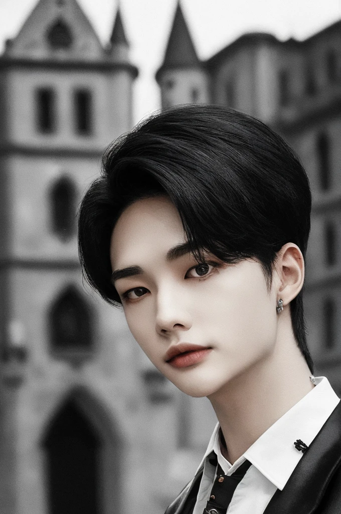 Hyunstayv2, Frontal, sparkling, Chapped lips, (by rubio:1.2), abdomen, (ultra realistic:1.2), (close to the photo:1.1), (gothic european castle background:1.2), (intricate:1.2), (looking at the viewer:1.2),