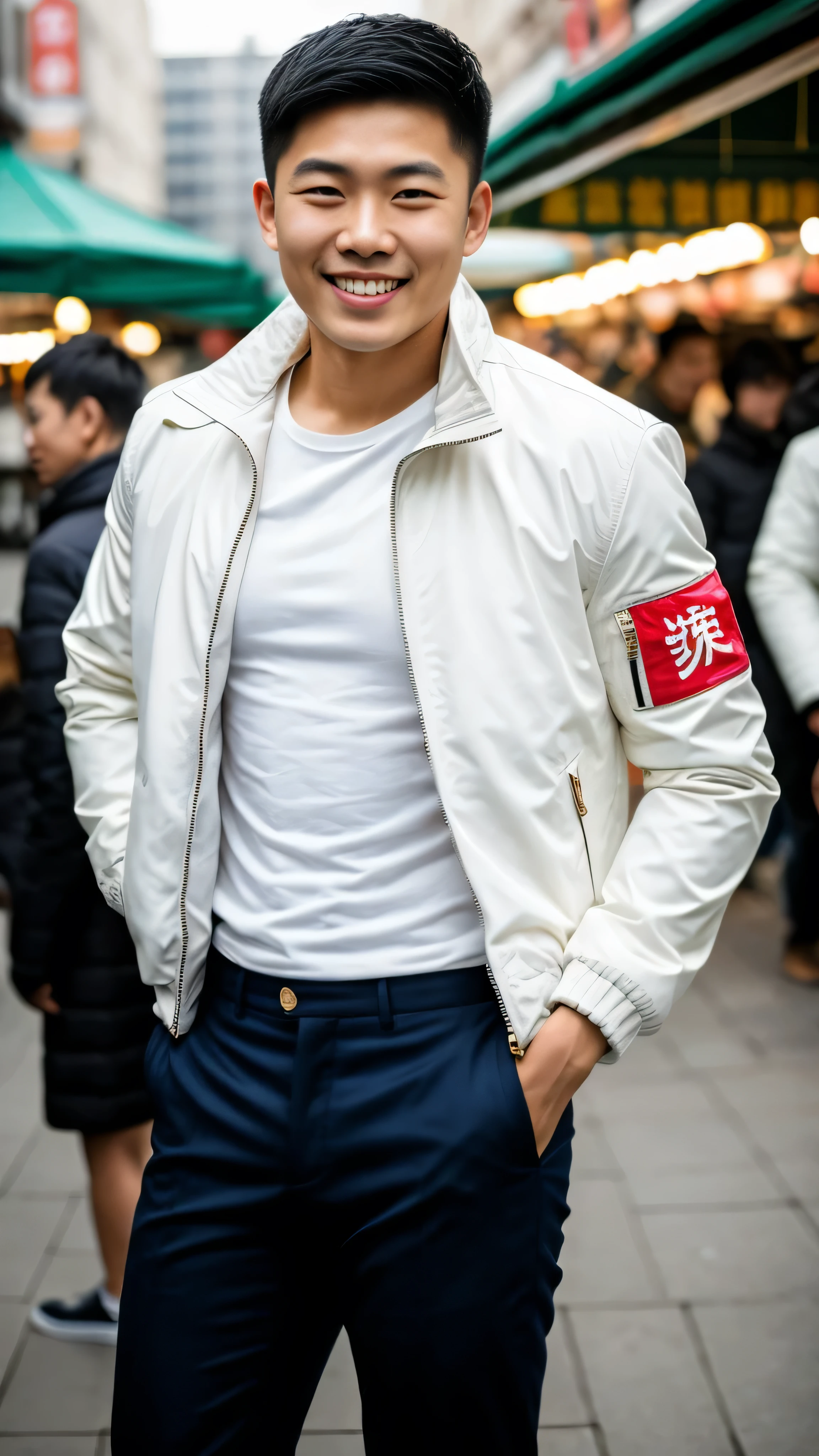Masterpiece, best quality best, 1 young man, Asian man, East Asian people, one person, The muscles are in good proportion., Posing obscenely, short hair details， white teeth, jacket set, market background, Realistic style，photography，Can be seen from the front, see viewers