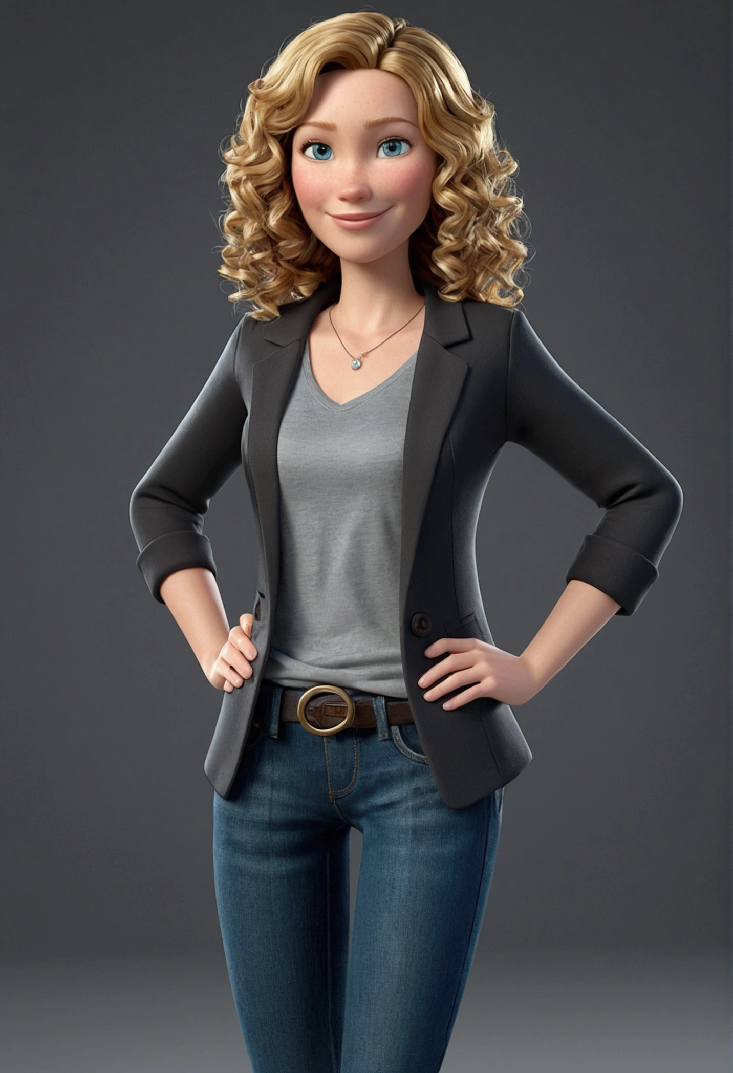 A 37 year old woman, with curly shoulder-length brown hair and blonde highlights, round face with charming smile, and blue eyes, wearing an elegant gray t-shirt, black blazer, and a pair of fashionable jeans. full - length portrait, looking at the camera, 3d, Pixar-style, animated cartoon, realistic creation