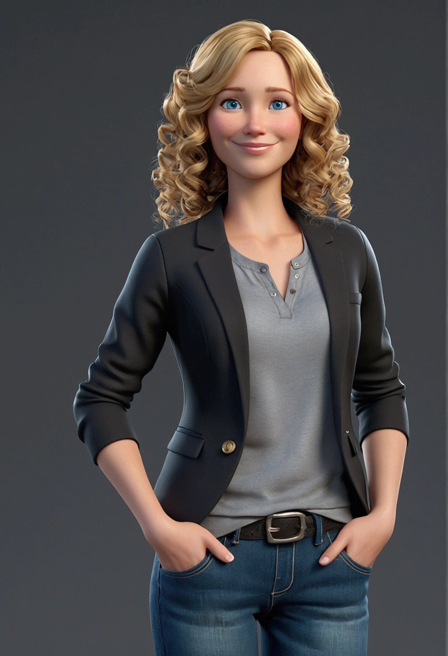 A 37 year old woman, with curly shoulder-length brown hair and blonde highlights, round face with charming smile, and blue eyes, wearing an elegant gray t-shirt, black blazer, and a pair of fashionable jeans. full - length portrait, looking at the camera, 3d, Pixar-style, animated cartoon, realistic creation