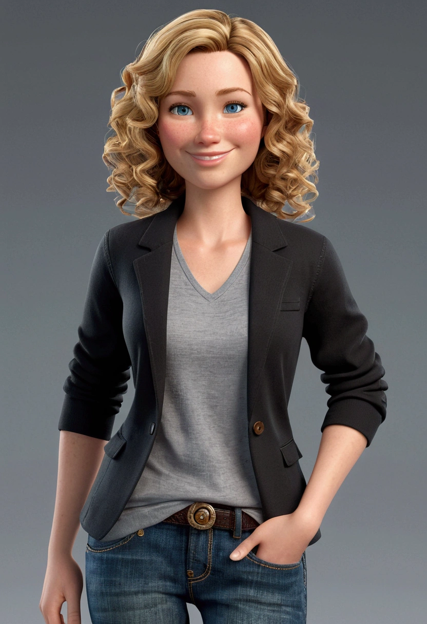 A 37 year old woman, with curly shoulder-length brown hair and blonde highlights, round face with charming smile, and blue eyes, wearing an elegant gray t-shirt, black blazer, and a pair of fashionable jeans. full - length portrait, looking at the camera, 3d, Pixar-style, animated cartoon, realistic creation