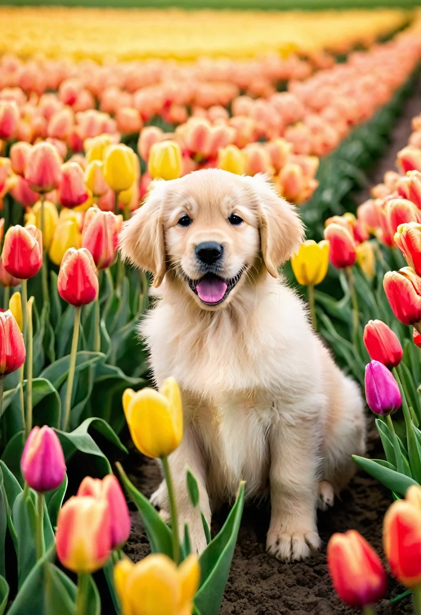 golden retriever puppy sitting in a field of tulips