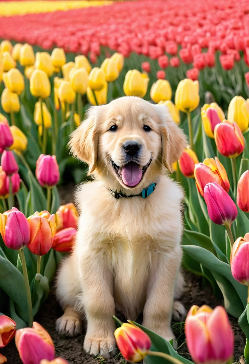 golden retriever puppy sitting in a field of tulips