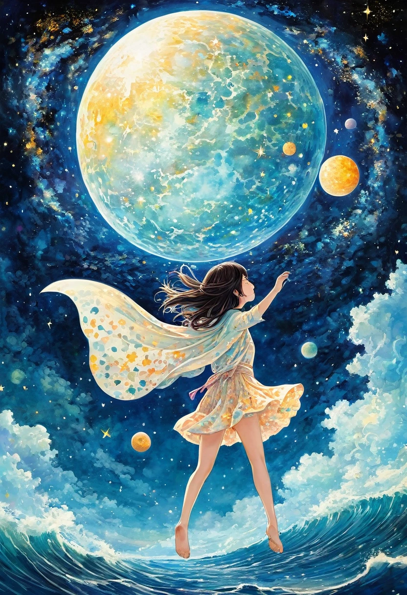 flying girl、A girl flying in the starry sky、Farbe々なFarbeの星の光、Diego Gisbert Lawrence、Joe San Gonzalez e Mumford、Picture book illustrations、psychedelic art、A girl、starry sky、nebula、maelstrom、water、bum、super wide photo、highest quallity、ultra detali、intensive、golden ratio composition、Kanna Hashimoto